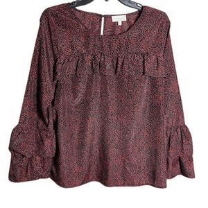 Lucky Brand Ruffle blouse long bell/flared sleeves Black Red Polka Dots Medium